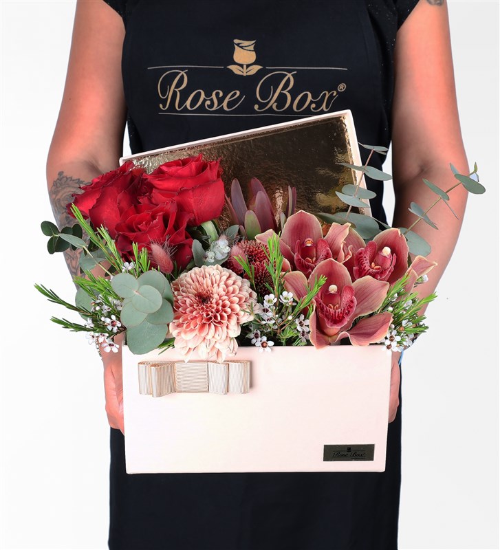 Bej Kutuda Cappuccino Anastasia, Orkide Ve Gül Aranjmanı Xl