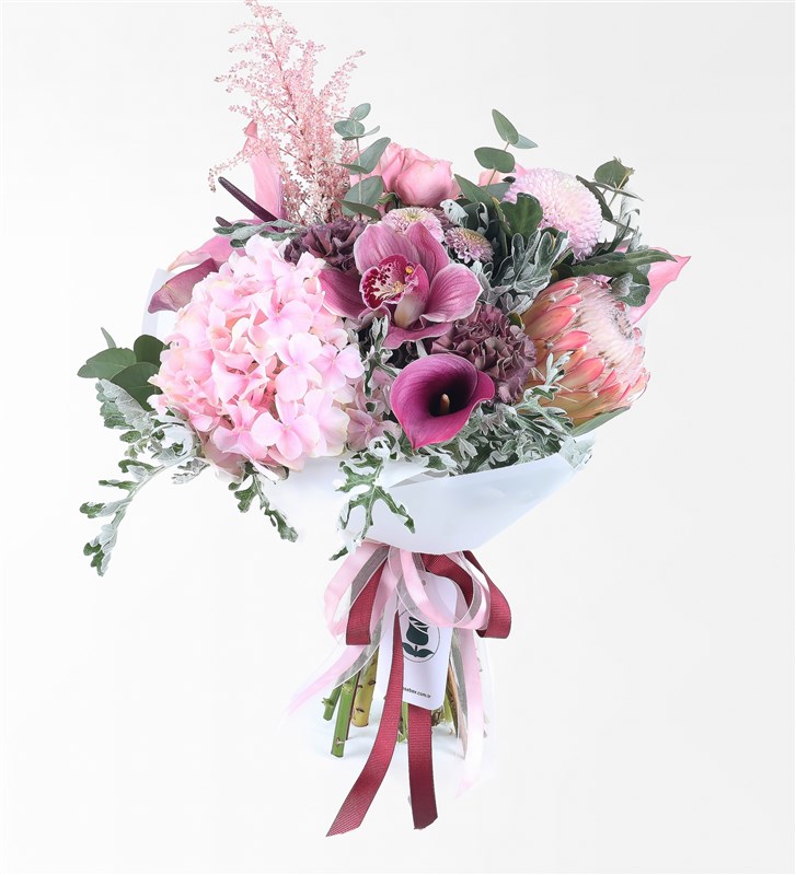 Pembe Gala, Protea, Orkide Ve Ortanca Buketi