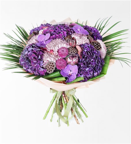 Purple Coral Grande - Mor Ortanca Anastasya Ve Vanda Orkideli Dev Çiçek Buketi