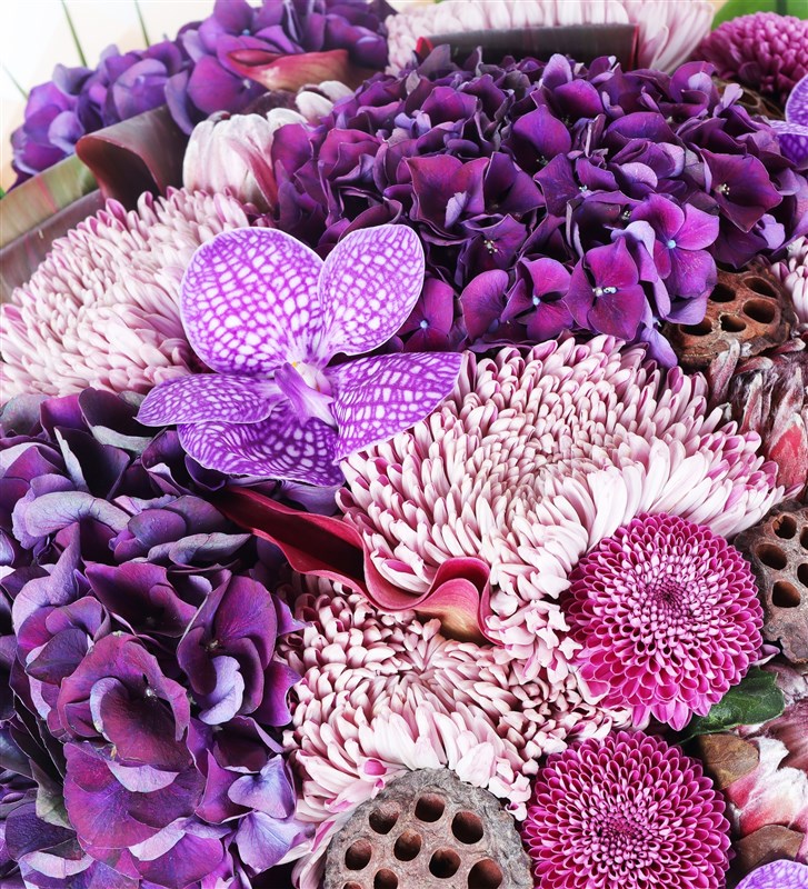 Purple Coral Grande - Mor Ortanca Anastasya Ve Vanda Orkideli Dev Çiçek Buketi