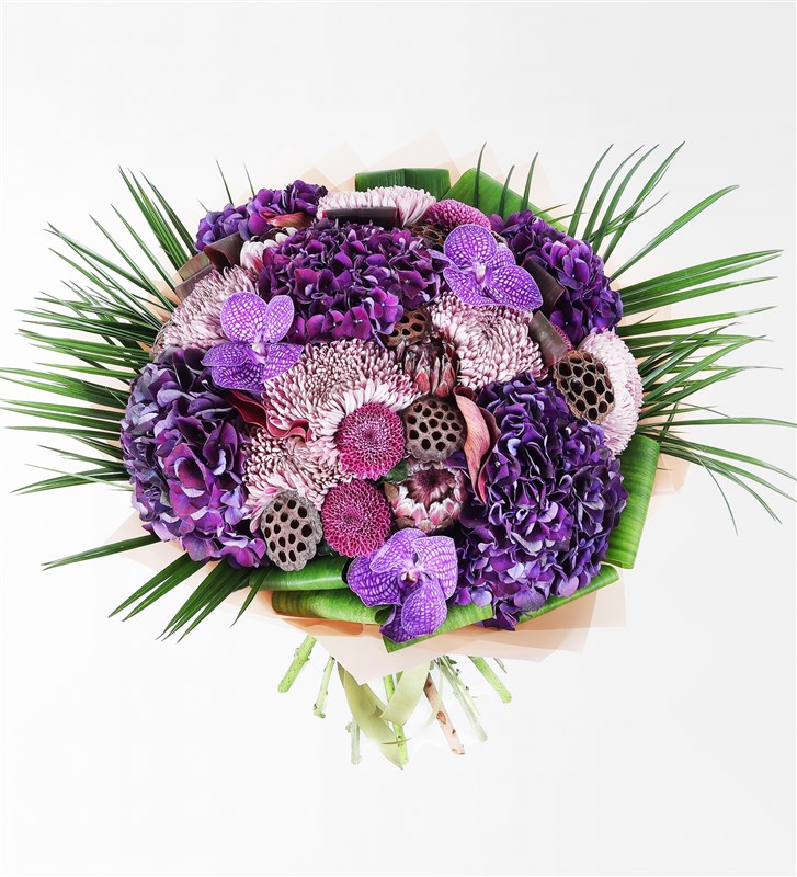 Purple Coral Grande - Mor Ortanca Anastasya Ve Vanda Orkideli Dev Çiçek Buketi
