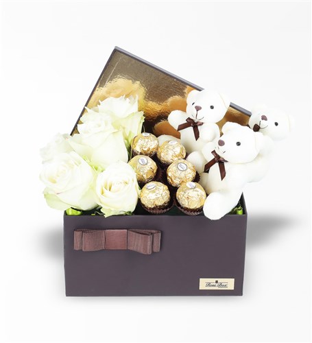 XL Kahve Kutuda, 7-8 Beyaz Gül, 3 Ayıcık, Rocher Çikolatalı Set