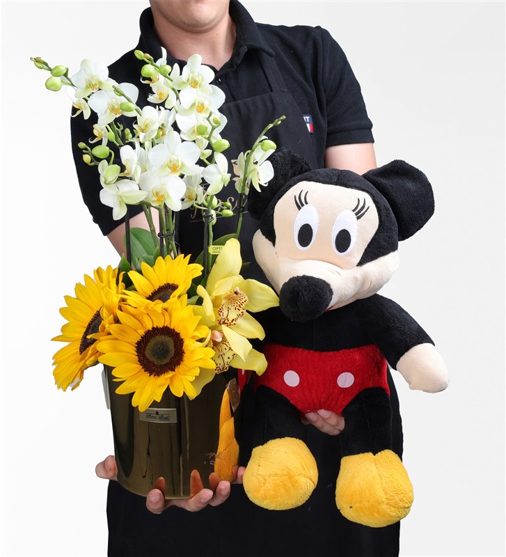 Mickey ve Ayçiçekli Beyaz Bougetto Orkide