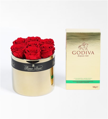 Gözde Çiçek Gold Camda Kırmızı Solmayan Güller X Godiva Çıdır Kadayıflı, Dolgulu Antep Fıstıklı Çikolata Hediye Seti