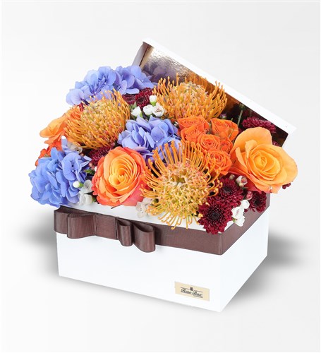 Wild Bloom In Box - Kutuda Mavi Ortanca, Lecuspermum, Turuncu Ekvator Gülleri, Galaksi Lale ve Prupetta Red Santini