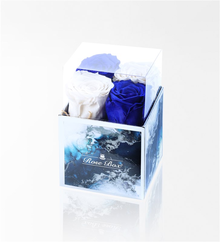Aquamarin - 4'Lü Mavi Beyaz Solmayan Gül