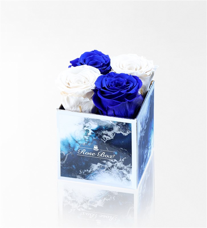 Aquamarin - 4'Lü Mavi Beyaz Solmayan Gül
